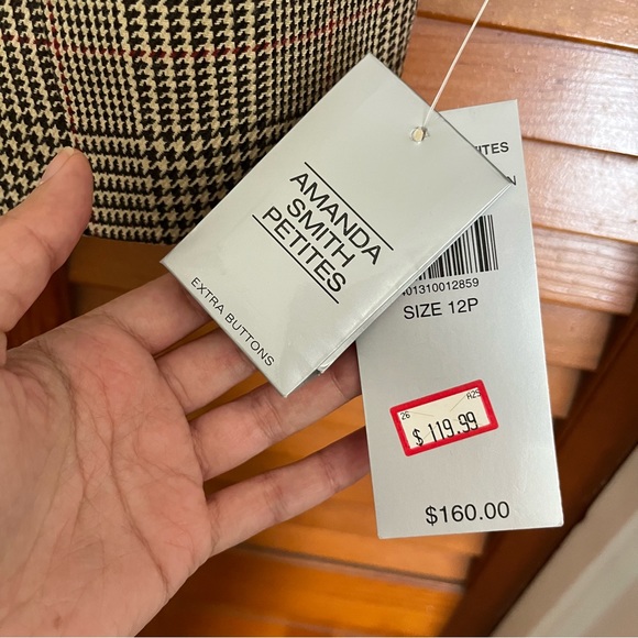 Amanda Smith Petites Preppy Houndstooth Plaid Boxy Blazer Velvet Trim Wool Blend - Picture 16 of 16